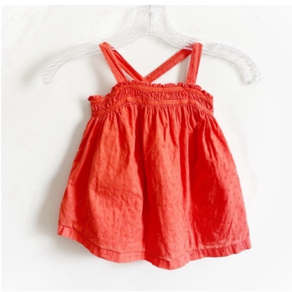 Mini Boden girls swing tank top orange Swiss dot sleeveless ruffle smocked